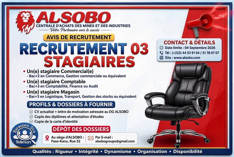 Offre d'emploi : 🔹 𝗨𝗻(𝗲) 𝗦𝘁𝗮𝗴𝗶𝗮𝗶𝗿𝗲 𝗖𝗼𝗺𝗺𝗲𝗿𝗰𝗶𝗮𝗹(𝗲), 🔹 𝗨𝗻(𝗲) 𝗦𝘁𝗮𝗴𝗶𝗮𝗶𝗿𝗲 𝗖𝗼𝗺𝗽𝘁𝗮𝗯𝗹𝗲, 🔹 𝗨𝗻(𝗲) 𝗦𝘁𝗮𝗴𝗶𝗮𝗶𝗿𝗲 𝗠𝗮𝗴𝗮𝘀𝗶𝗻 chez 𝗔𝗟𝗦𝗢𝗕𝗢