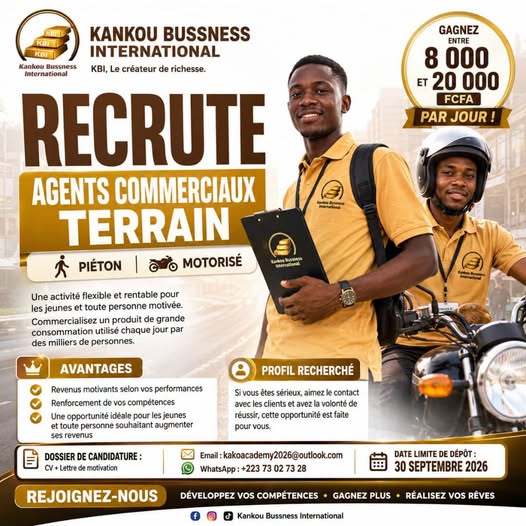 Offre d'emploi : agents commerciaux terrain chez Kankou Bussness International