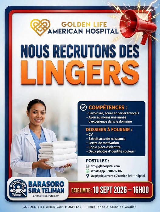Offre d'emploi : 𝗟𝗜𝗡𝗚𝗘𝗥(È𝗥𝗘) chez Golden Life American Hospital