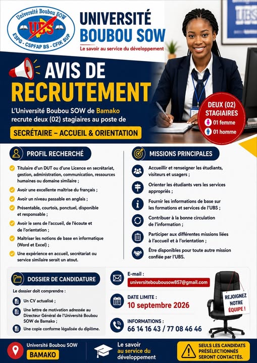 Offre d'emploi :  stagiaires au poste de Secrétaire – Accueil & Orientation  chez  Université Boubou SOW - UBS