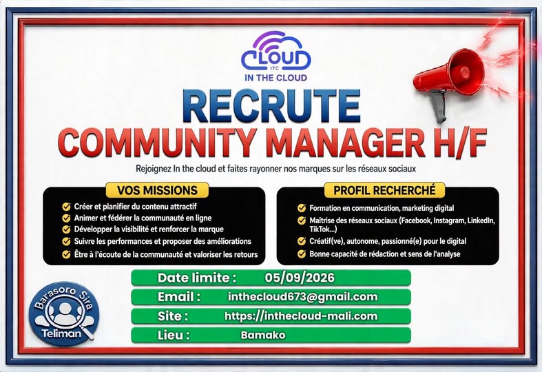 Offre d'emploi : 𝗖𝗢𝗠𝗠𝗨𝗡𝗜𝗧𝗬 𝗠𝗔𝗡𝗔𝗚𝗘𝗥 chez ☁️ 𝗜𝗡 𝗧𝗛𝗘 𝗖𝗟𝗢𝗨𝗗