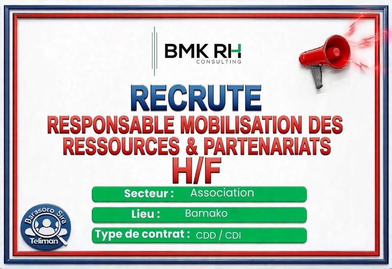 Offre d'emploi : 𝗥𝗘𝗦𝗣𝗢𝗡𝗦𝗔𝗕𝗟𝗘 𝗠𝗢𝗕𝗜𝗟𝗜𝗦𝗔𝗧𝗜𝗢𝗡 𝗗𝗘𝗦 𝗥𝗘𝗦𝗦𝗢𝗨𝗥𝗖𝗘𝗦 & 𝗣𝗔𝗥𝗧𝗘𝗡𝗔𝗥𝗜𝗔𝗧𝗦 𝗛/𝗙 chez BMKRH