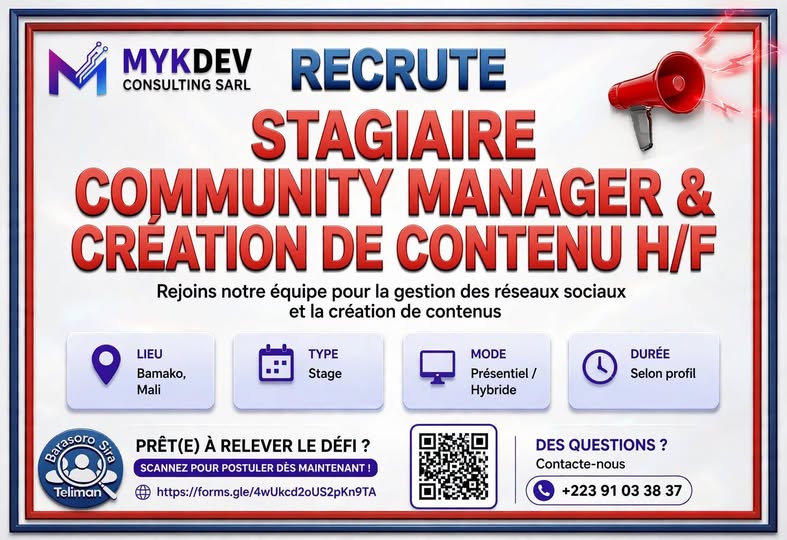 Offre d'emploi : 𝗦𝘁𝗮𝗴𝗶𝗮𝗶𝗿𝗲 𝗖𝗼𝗺𝗺𝘂𝗻𝗶𝘁𝘆 𝗠𝗮𝗻𝗮𝗴𝗲𝗿 & 𝗖𝗿𝗲𝗮𝘁𝗶𝗼𝗻 𝗱𝗲 𝗖𝗼𝗻𝘁𝗲𝗻𝘂 chez MYKDEV CONSULTING