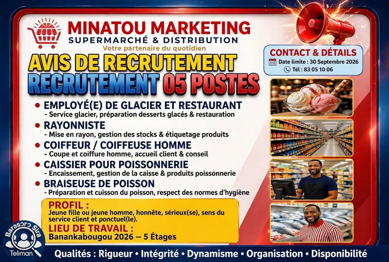 Offre d'emploi : 🔹 Employé(e) de glacier et restaurant, 🔹 Rayonniste, 🔹 Coiffeur / Coiffeuse homme,🔹 Caissier(ère) pour poissonnerie,🔹 Braiseuse de poisson       chez 𝗦𝗨𝗣𝗘𝗥𝗠𝗔𝗥𝗖𝗛𝗘 𝗠𝗜𝗡𝗔𝗧𝗢𝗨