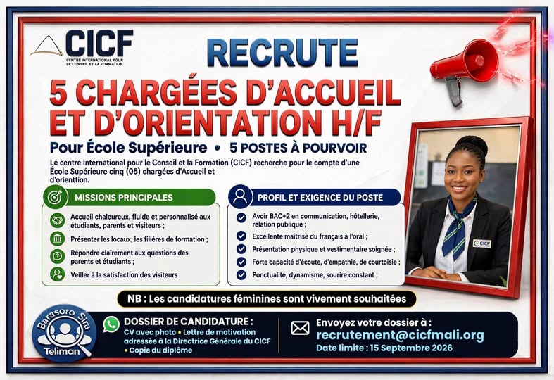 Offre d'emploi : 𝟬𝟱 𝗖𝗛𝗔𝗥𝗚𝗘𝗘𝗦 𝗗’𝗔𝗖𝗖𝗨𝗘𝗜𝗟 & 𝗗’𝗢𝗥𝗜𝗘𝗡𝗧𝗔𝗧𝗜𝗢𝗡 👩🏽‍💼 chez 𝗖𝗜𝗖𝗙