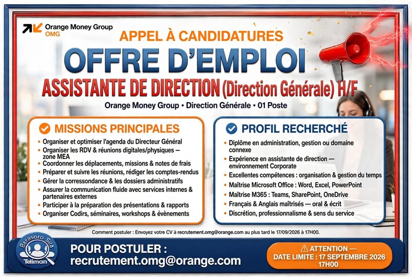 Offre d'emploi : Assistante de Direction (Direction Générale) chez Orange Money Group (OMG)