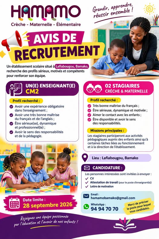 Offre d'emploi : 𝐔𝐍(𝐄) 𝐄𝐍𝐒𝐄𝐈𝐆𝐍𝐀𝐍𝐓(𝐄) – 𝐂𝐌𝟐,  𝐒𝐓𝐀𝐆𝐈𝐀𝐈𝐑𝐄𝐒 – 𝐂𝐑𝐄𝐂𝐇𝐄 & 𝐌𝐀𝐓𝐄𝐑𝐍𝐄𝐋𝐋𝐄 chez 𝐇𝐀𝐌𝐀𝐌𝐎