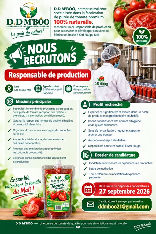 Offre d'emploi : Responsable de production chez D.D M'BÔO