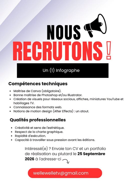 Offre d'emploi : 𝐔𝐍 (𝟎𝟏) 𝐈𝐍𝐅𝐎𝐆𝐑𝐀𝐏𝐇𝐄 chez 𝐖𝐄 𝐋𝐋𝐄𝐖𝐄𝐋 𝐓𝐕