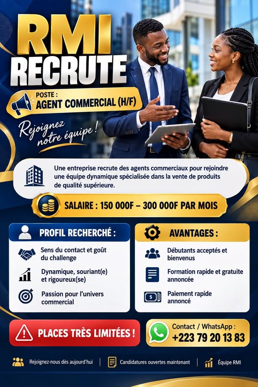 Offre d'emploi : 𝐀𝐆𝐄𝐍𝐓 𝐂𝐎𝐌𝐌𝐄𝐑𝐂𝐈𝐀𝐋 (𝐇/𝐅) chez 𝐑𝐌𝐈