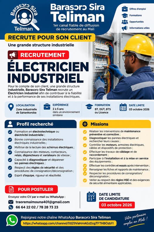 Offre d'emploi : 𝐄𝐋𝐄𝐂𝐓𝐑𝐈𝐂𝐈𝐄𝐍 𝐈𝐍𝐃𝐔𝐒𝐓𝐑𝐈𝐄L chez 𝐁𝐀𝐑𝐀𝐒Ɔ𝐑Ɔ 𝐒𝐈𝐑𝐀 𝐓𝐄𝐋𝐈𝐌𝐀𝐍 